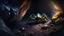 Placeholder: Photoreal close-up gargantuan spider with blazing yellow eyes in dark mountain crevice by night