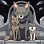 Placeholder: digital art front in picture an of little dark brown catlike creature with big ears, big eyes stands medium close and looking an anthropomorphic wolf couple sitting on the spaceship's ramp close together, the pale gray body hair female wolf sits behind strong male wolf and touths one paw on the dark gray body hair man wolf's shoulder, raini day, on ramp a little piece of meat lies down, high contrast, high detalied, high realistic, in background detail of an angular spaceship visible. Rain