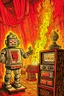 Placeholder: Fire starts in a radio studio, there are two characters, a metal fan radio host who continues the show, the robot sets fire.