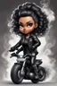 Placeholder: Create a digital airbrush illustration of a chibi cartoon full figure black female riding a sports motorcycle. She is wearing biker jacket and black tights with biker boots. Prominent make up with log lashes and hazel eyes. Extremely highly detailed black shiny wavy hair up in a messy bun. Background of smoke surrounding her and the bike and she's at a bike show.