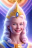 Placeholder: young cosmic woman smile, admiral from the future, one fine whole face, large cosmic forehead, crystalline skin, expressive blue eyes, blue hair, smiling lips, very nice smile, costume pleiadian,rainbow ufo Beautiful tall woman pleiadian Galactic commander, ship, perfect datailed golden galactic suit, high rank, long blond hair, hand whit five perfect detailed finger, amazing big blue eyes, smilling mouth, high drfinition lips, cosmic happiness, bright colors, blue, pink, gold, jewels, realistic