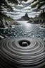 Placeholder: A beach near a whirlpool painted by MC Escher