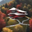 Placeholder: Aerial view Zaha Hadid style hill hut, trees, digital art, hyper-detailed, white, red and yellow colors, 8k oil painting