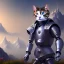 Placeholder: a cat-like robot with blue eyes and synthesizer wearing a medieval armor, small mountains in background, high detail, photo, 8k, ray-tracing