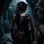 Placeholder: a beautiful tiefling woman with dark hair in a sleeveless battle outfit, seen from the back, at the edge of a precipice in a cave, ready to jump, photo quality, dark colors