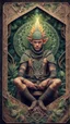 Placeholder: mandala style framed playing card illustration, close up portrait of an ace happy blessed ancient magical scaly slimy weird yoga elf mad max soldier posing for photo shoot on a throne, holding a burning sceptre, in a space alien mega structure with stairs and bridges woven into a sacred geometry knitted tapestry in the middle of lush magic jungle, bokeh like f/0.8, tilt-shift lens 8k, high detail, smooth render, down-light, unreal engine, prize winning