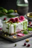 Placeholder: a cuboid bread cake with a yogurt frosting and dried rose petals, cucumber pistachio and radish decorative topping