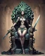 Placeholder: full-length, detailed persona, sword in hand, gorgon medusa, sitting on a throne in a relaxed pose