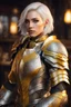 Placeholder: glowing yellow eyes, female paladin aasimar, platinum blonde bob hair, detailed ornamental armor, 8k, high detail,tavern background, facing viewer