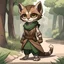 Placeholder: Abuana is a female Khajiit with tan fur and brown face marking wearing a brown hajib with a sleeveless forest green and brown tunic and pants works at a outside bank, in chibi art style