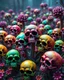 Placeholder: a field of skulls growing from the ground like fungus, multi colored, bright, vivid, psychedelic high detailed, matte, bunches and bubbled up clumps, horrorcore, vines