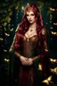 Placeholder: Burgundy hair, dark hair,dark red , rapunzel hair,very long hair,dark fairy princess,elven crown,night,dragonflies,beautiful,ong ashes,golden armor ,sparkle,night blooming,ivy,dark green,lilly of valley,golden elven crown,elven warrior,dark gold armor,extremely long hair