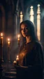 Placeholder: Shi Fi, a beautiful Italian woman in the church holding a candle, atmospheric lighting effects, intricate industrial details, moody atmosphere, eerie grimdark ambiance, complex motherboard accents, speculative fiction art. Bokeh