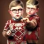 Placeholder: one peter billingsley chubby kid with glasses, gripping a single Dark red soap bar, ((brown))argyle sweater