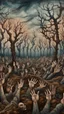 Placeholder: a field of thousands of hands of bodies buried in the ground not visible, horror, hands in different shapes coming out from the ground towards the sky , surrounded by a tree without leaves,Busch painting style nightmare