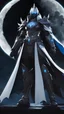 Placeholder: The Divine Wraith in a black and blue costume with white armor standing in front of a full moon, style of ghost blade, genshin impact, antasy character, dark fantasy character design
