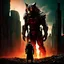 Placeholder: ((dystopian future, man in futuristic suit, powerful wolf with piercing red eyes), city in ruins, breathtaking sunset, vibrant hues), adorned in armor, dominance, decay, metropolis, unyielding spirit of humanity, industrialized world, contrasting juxtaposition, (dramatic lighting, futuristic atmosphere, ruined cityscape, sunset), wide-angle lens, high resolution Negative prompt: (((((bad quality, poorly drawn, distorted, disfigured, ugly)))))