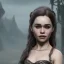 Placeholder: only perfect emilia clarke, wearing a dragon skull mask. fly hair, viking, village, highly realistic, highly detailed, mist around, smoke