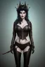 Placeholder: Amy Dumas as evil queen in black leather, leather, busty, cleavage, angry, rage, stern look. character design by cory loftis, fenghua zhong, ryohei hase, ismail inceoglu and ruan jia. unreal engine 5, artistic lighting, highly detailed, photorealistic, fantasy