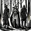 Placeholder: A group of four characters from a fictional book world. A witch, a gladiator, a thief, and an enchanter. The characters are in a dark forest. The characters are shrouded in mystery.