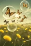 Placeholder: Butterflies in bubble blown up to the sky through a field of dandelions
