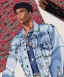 Placeholder: Fashion illustration, fashion drawing, Croquis, Hussein Suleiman, Jefferson Osei, Abderrahmane Trabsini, mudcloth fabric denim jacket, kente cloth, jeans, flare leg, African American model, Luke Edward Hall, red denim jacket, fringe