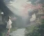 Placeholder: misty foggy area with a girl in a floral kimono in the middle of a bright japanese village at night