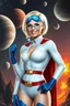 Placeholder: Karen Starr, full body, young athletic white female, crew cut bleach-blonde hair, thin, wearing thin blue goggle, semi-pointed chin, muscular build, Wearing white long-sleeved bodysuit with high collar with plunging neckline, blue elbow gloves, red belt with gold buckle, red cape, blue knee boots. Big smile. Background: outer space, planets, stars, galaxies, fire, explosions, volcanic lava, craggy peaks. Photorealistic