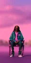 Placeholder: Snoop dogg, sitting. a chair. pink houses, pink sky, pink smoke, trees, outdoors. Groove street. 28mm