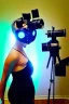 Placeholder: MetCyber-punk style camera-mask. Large fencing mask covers cheeks. Trim girls. Reflective plastic body surface. Camera lenses as eyes. Head full of integrated old-fashioned cameras. Golden to cyan surfaces body. Perfect body, thick thighs and calves. Selfies, old-fashioned cameras, both hands. Wide hip. Partly symmetrical. Camera lenses cover the most of the body. Euclidean 3D-tiling, Escher. Mathematically impossible. Soviet Propaganda style.