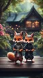 Placeholder: magazine cover with black border, adjust hue for evening, close up portrait of ninja squirrell foxes with nunchaku by lake on dark wooden bridge couple with weird cute huge eyes from a tree house in wonderful enchanted magical forest with amazing variety of plants and flowers,bokeh like f/0.8, tilt-shift lens 8k, high detail, smooth render, down-light, unreal engine, prize winning