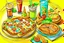 Placeholder: Pizza, sandwich, baguette bread, french fries, pizza cheese, soft drink and sauce