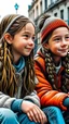 Placeholder: iki kız beraber sokakta oturuyorlar yaşları daha büyük liseliler daha renkli kızlardan birinin saçı kabarık diğerininki ise biraz uzun ve örgülü yaşları biraz daha büyük kıyafetleri değiştir pozları değiştir tarzı değiştir