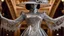 Placeholder: a hollow female figure in made of silver metal lace long renessince dress with hat, hollow metal statue, upscale, stunning, masterpiece, perfect lights, intricately detailed, sharp focus, cinematic