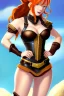 Placeholder: In the style of Dreamworks, concept illustration, super-detailed, beautiful teen female, 16 years old, long ginger hair, medium freckles, full lips, full body, full face, b-cup breasts, athletic, centred camera, ignore NSFW, skimpy brown fantasy leather armor, halter top, micro thong, knee-high leather boots, open leather tasset, stern expression,