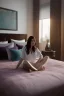 Placeholder: Liv Tyler sitting at the bed in his room. closed eyes, rtx, reflection, 8k, glow, winning photography, caustics