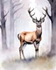 Placeholder: deer with antlers standing sideways, looking at viewer, realistic water color painted, among light colored tall simplified tree trunks, foggy, pastels, colorful, dark background