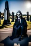 Placeholder: photo of a hoodless grim reaper wearing a suit, highlighting shiny areas of the skull, sitting outside a cemetery with a welcome sign, wearing suit, rim lighting, studio lighting, looking at the camera, dslr, ultra quality, sharp focus, tack sharp, dof, film grain, Fujifilm XT3, crystal clear, 8K UHD, clean, orange evening lighting