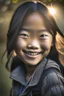 Placeholder: portrait of an asian girl 11 years old, smiling, outdoors, dslr camera, cinematic photography, epic angle, dark colour tone, hyper-realistic