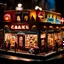 Placeholder: Close-up photograph of a diorama building, city, store, advertising, land-of-toys with detailed vintage toys made of cake-frosting and felt, strong texture, extreme detailed, movie shot, rich moody colors, night, nightmare