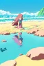 Placeholder: Beach scene a beautiful woman with pink hair, rock, calm water, fish, beautiful colors, fine detail, high quality, seashell, octopus, mystical