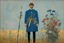 Placeholder: Euan Uglow oil painting, Otherworldly, 1970s tufting tapestry the knight of blue and flowers standing with his weapon posing for painting