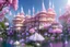 Placeholder: a magical crystal flower lys bougainvillier, blue gold house indian palace castle in the woods, magnolias pink,blue lake,sun,white swanns,pink vertical, blue lake,sharp, vines, candlelit, endor, ornate, elegant, highly detailed, artstation, concept art, smooth, sharp focus, illustration, 8k, splash art, wallpaper, key visual