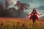 Placeholder: Feiticeira escarlate, Elizabeth Olsen, feiticeira, magia, bonita, cenário em um campo de flores, cinematográfico, dramático, por do sol, campo de flores, cores frias