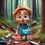 Placeholder: a very little Cute Figure, with cute face, collects trash in the forest, pixar, disney style