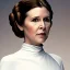 Placeholder: half-length color photo shoot, three-quarter face pose of carrie fisher as Princess Leia with realistic fine and very simple short hair, entrancing deep brown eyes, Intricate, High Detail, Sharp focus, realism, beautiful and detailed lighting, Nikon D850, ef 85mm 5.6 by Annie Leibovitz