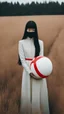 Placeholder: a no face woman with mask standing in a field holding red ball, inspired by Ren Hang, design milk, long black hair, whites, wanderers traveling from afar, trending on artisation, cloning spell, coat pleats, in twin peaks, submarine, by Helen Thomas Dranga, symetry, round-cropped, noire photo