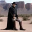 Placeholder: Leonard Nimoy in a western cowboy movie: the Vulcan pointed ears touch with Santiag boots