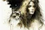 Placeholder: long haired woman with cat, white watercolor and black ink, golden glitters