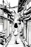 Placeholder: young girl walk thought Japanese alleys, line arts